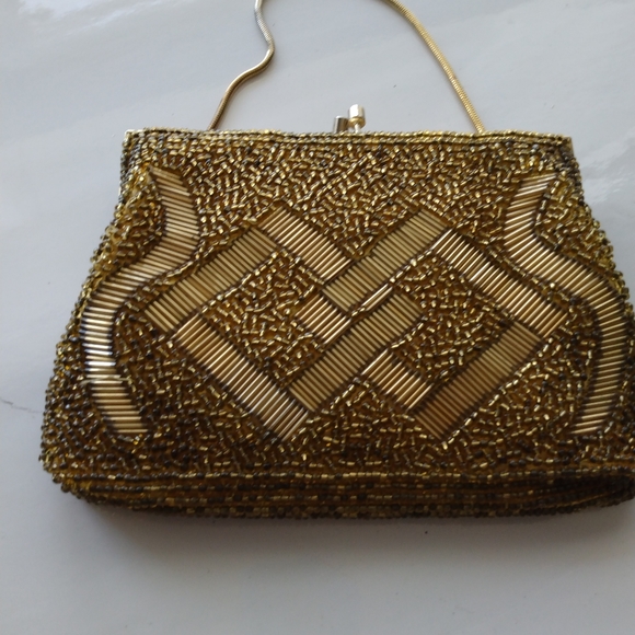 Gold Beaded Art Deco pattern Bag Evening Purse Clutch Vintage Antique Fashion - Picture 5 of 5